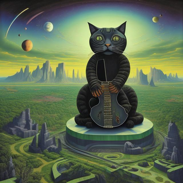 Prompt: giant cat playing guitar, made of obsidian inlaid with green jade cat playing guitar, in the style of Jacek Yerka, wide perspective view, infinity vanishing point