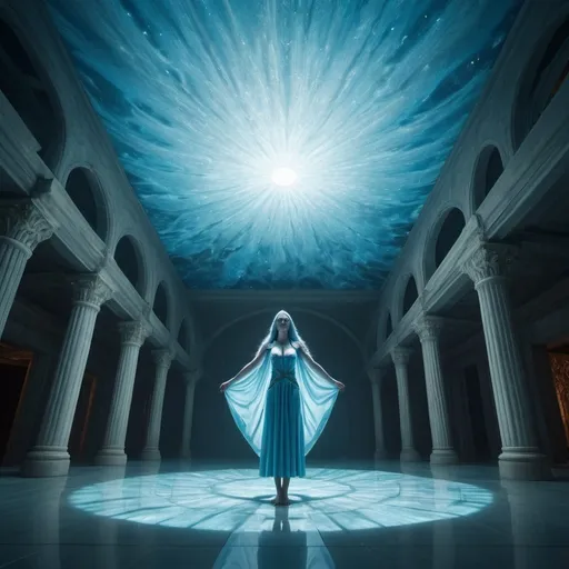 Prompt: giant Azura, overhead lighting, wide angle view, surreal background proportions, infinity vanishing point