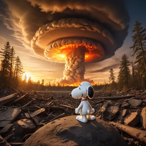 Prompt: Snoopy at the end of the world, distant nuclear mushroom cloud flashes, many falling meteors, many tornados, giant tsunami tidal waves, giant forest fire, golden hour overhead lighting, extra wide angle view, infinity vanishing point