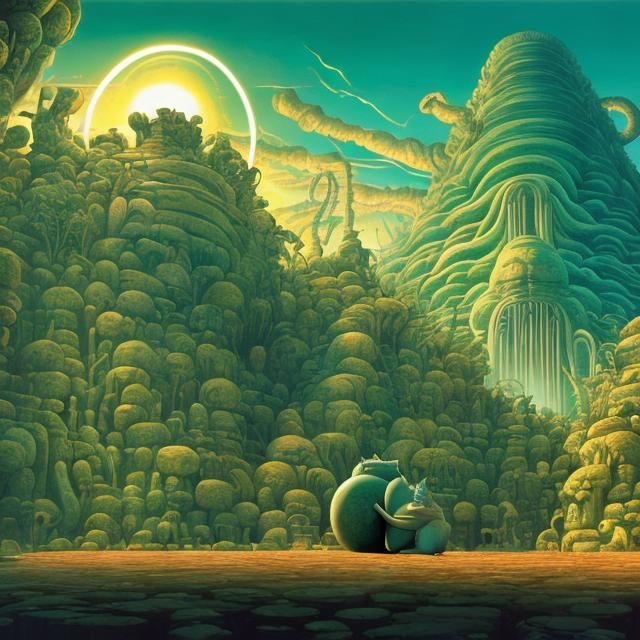 Prompt: widescreen view, infinity vanishing point, giant jade statue of a giant cat playing guitar, in the style of Jacek Yerka