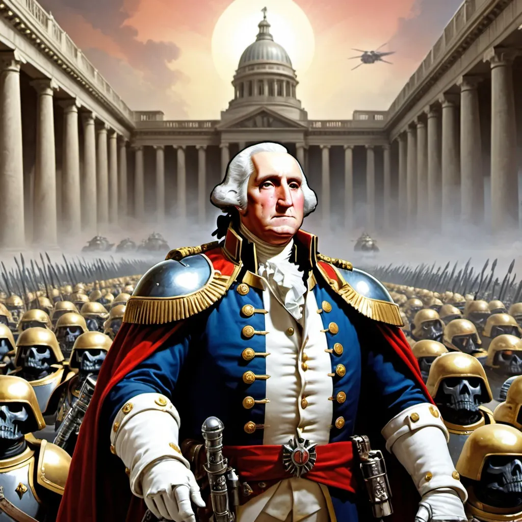 Prompt: george washington is the warhammer emperor, year 40000 AD, wide palace background with space marines, long distance point of view
