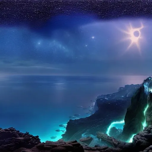 Prompt: panorama view of crystal ocean from cliffside infinity pool, cthulhu starry night background