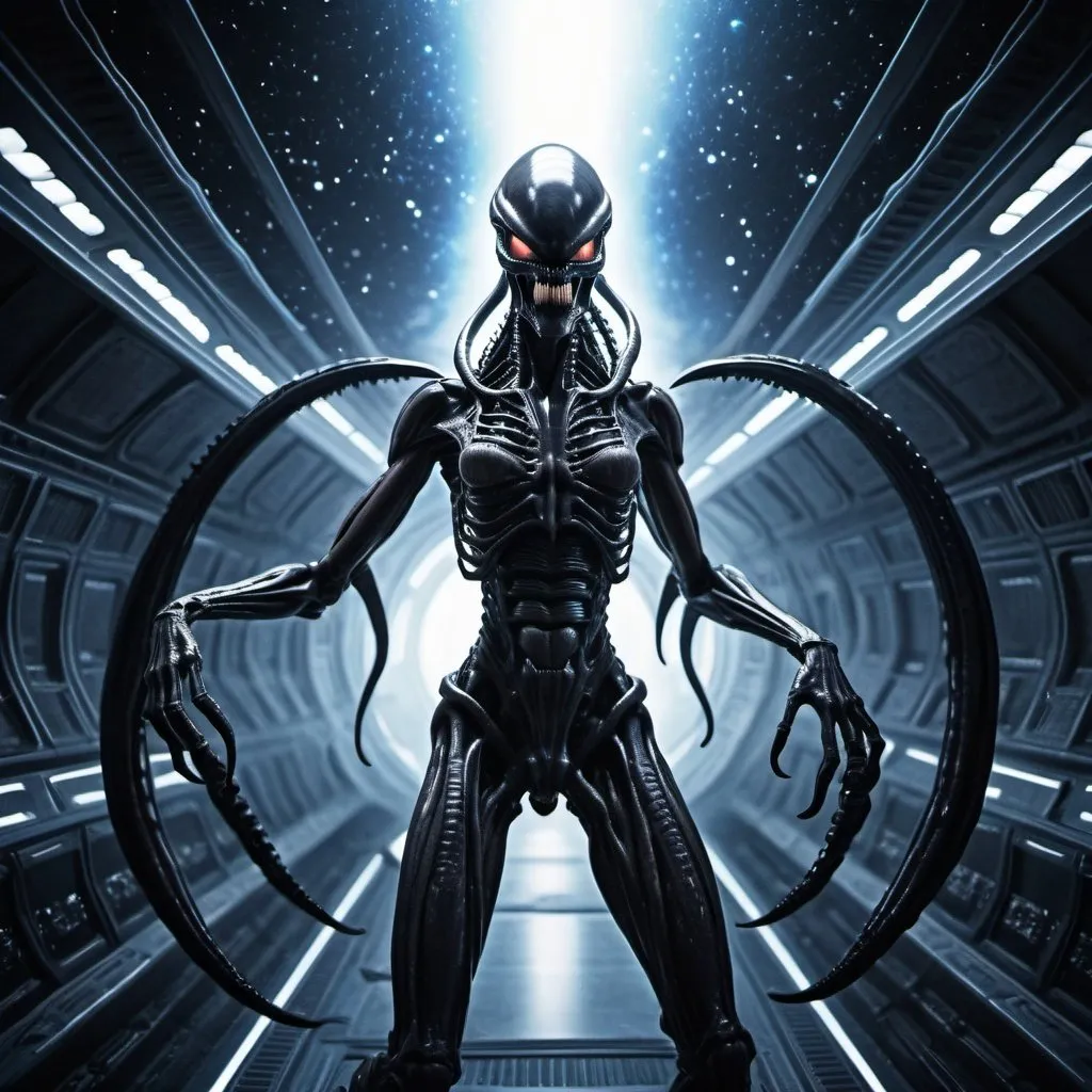 Prompt: Xenomorph Queen Power, wide angle perspective, surreal galaxy background, infinity vanishing point