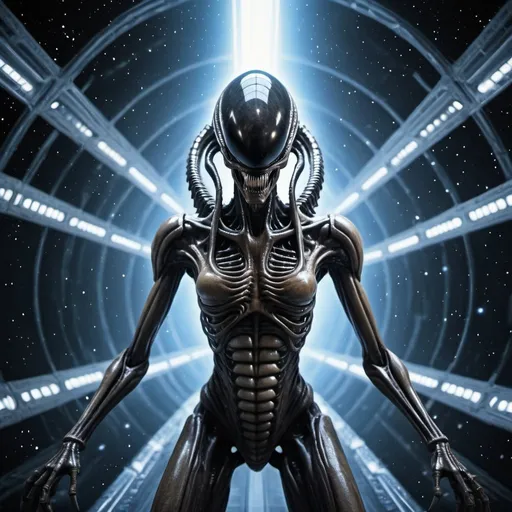 Prompt: Xenomorph Queen Power, wide angle perspective, surreal neutron star background, infinity vanishing point