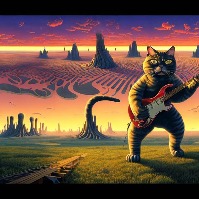 Prompt: panorama widescreen view of a giant cat playing guitar, infinity vanishing point, in the style of Jacek Yerka