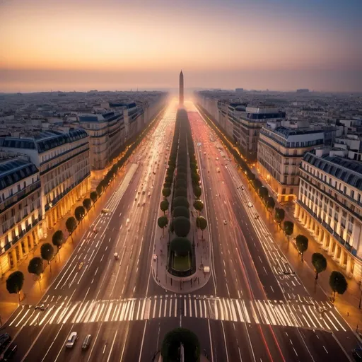 Prompt: Mile high mega Arc de Triomphe, overhead golden hour lighting, foggy wide angle view, infinity vanishing point