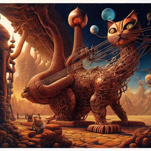 Prompt: giant copper cat playing a sitar, widescreen view, infinity vanishing point, in the style of Jacek Yerka