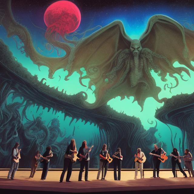 Prompt: wide view of a jesus septet playing guitars, at an exotic rooftop infinity pool, infinity vanishing point, cthulhu nebula background