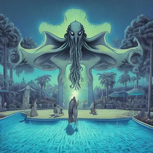 Prompt: wide perspective, jesus band playing guitars at an exotic poolside patio gazebo party, infinity vanishing point, Cthulhu nebula background
