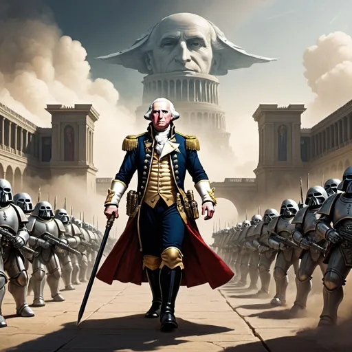 Prompt: george washington is the warhammer emperor, year 40000 AD, wide palace background with space marines, long distance infinity vanishing point