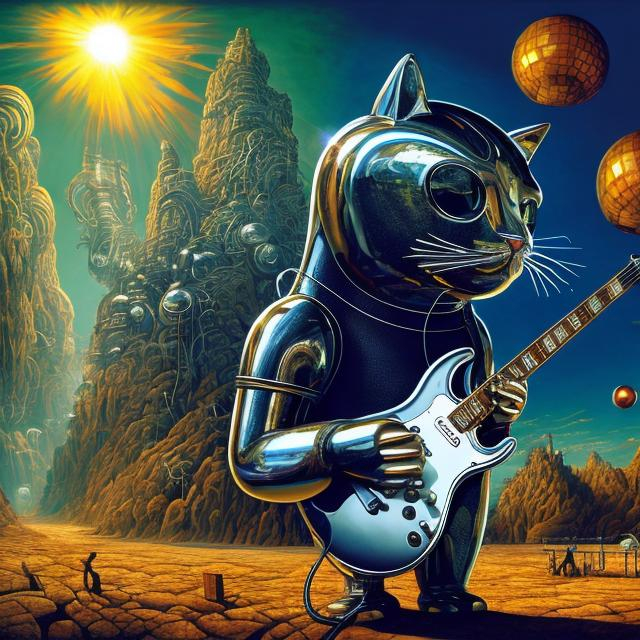 Prompt: giant chrome cat playing a guitar, widescreen view, infinity vanishing point, in the style of Jacek Yerka