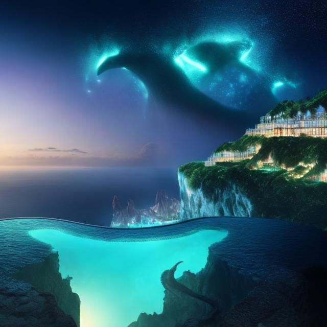 Prompt: panorama view of crystal filled ocean from cliffside infinity pool, cthulhu night background