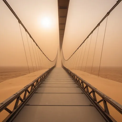 Prompt: underneath view of a distant abandoned giant suspension skybridge to space, golden hour sandstorm overhead lighting, extra wide angle view, infinity vanishing point