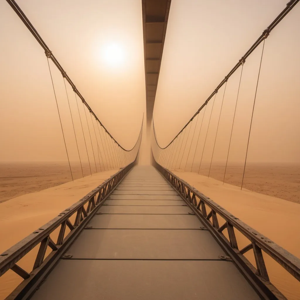 Prompt: underneath view of a distant abandoned giant suspension skybridge to space, golden hour sandstorm overhead lighting, extra wide angle view, infinity vanishing point