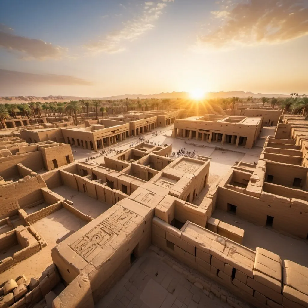 Prompt: Karnak Temple Complex, overhead golden hour lighting, extra wide angle field of view, infinity vanishing point