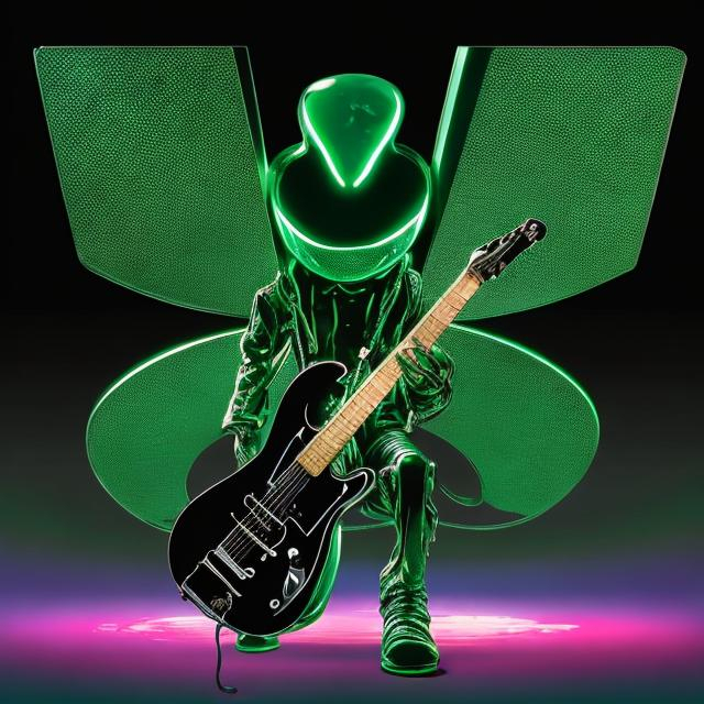 Prompt: ((((deadmau5 playing guitar) chrome statue inlaid with emeralds) in the style of Ron English) infinity vanishing point) wide perspective view