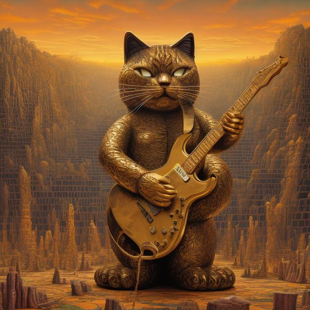 Prompt: gold statue of giant cat playing a guitar, widescreen view, infinity vanishing point, in the style of Jacek Yerka