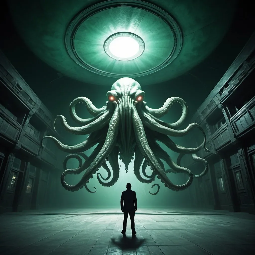 Prompt: giant space cthulu, overhead lighting, wide angle view, surreal background proportions, infinity vanishing point