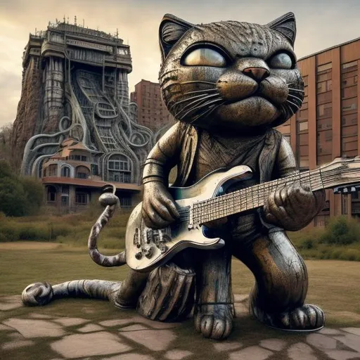 Prompt: giant weathered acid etched chrome statue of a giant cat playing guitar, in the style of Jacek Yerka, widescreen view, infinity vanishing point