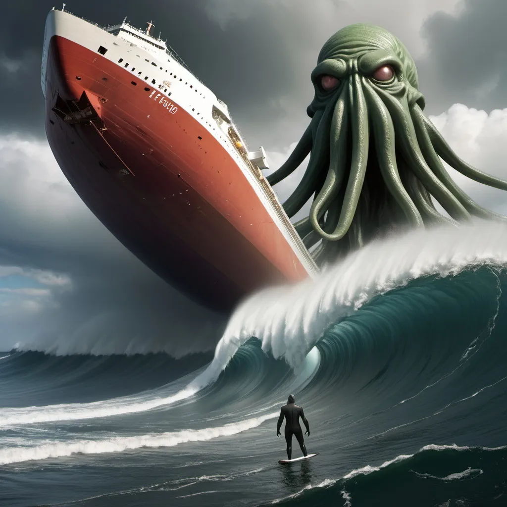 Prompt: cthulu surfing the largest giant tsunami wave, supertanker in foreground for scale, overhead lighting, wide angle view, infinity vanishing point