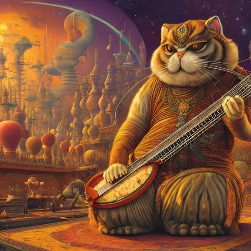Prompt: panorama widescreen view of a giant emperor cat playing a sitar, infinity vanishing point, in the style of Jacek Yerka