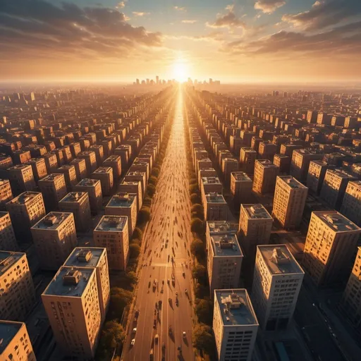 Prompt: strange city, overhead golden hour lighting, extra wide angle field of view, infinity vanishing point