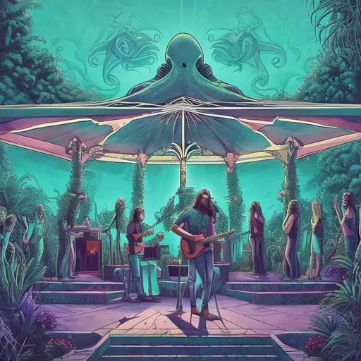 Prompt: wide perspective, jesus band playing guitars at an exotic poolside patio gazebo party, infinity vanishing point, Cthulhu nebula background
