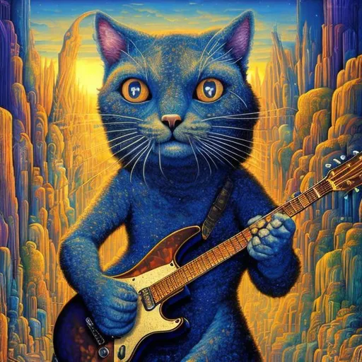 Prompt: giant Lapis lazuli cat playing a guitar, widescreen view, infinity vanishing point, in the style of Jacek Yerka