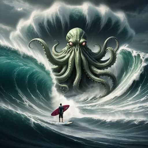Prompt: giant Cthulu surfing the largest giant tsunami wave, Deepwater Horizon in foreground, overhead lighting, wide angle view, surreal background proportions, infinity vanishing point