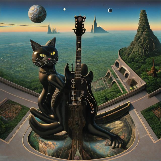 Prompt: ((((giant cat playing guitar) ebony statue inlaid with abalone) in the style of Jacek Yerka) wide perspective view) infinity vanishing point