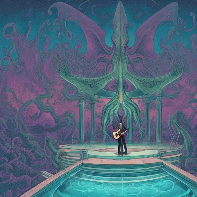 Prompt: wide perspective, jesus band playing guitars at an exotic poolside patio gazebo party, infinity vanishing point, Cthulhu nebula background
