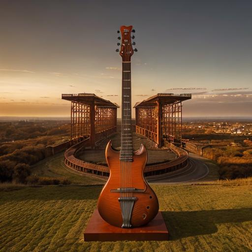 Prompt: giant rust streaked orange metal statue of a giant cat playing guitar, in the style of Jacek Yerka, widescreen view, infinity vanishing point