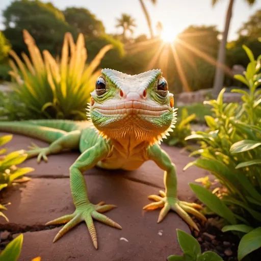 Prompt: happy lizard on fire, lush gardens, overhead golden hour lighting, extra wide angle field of view, infinity vanishing point