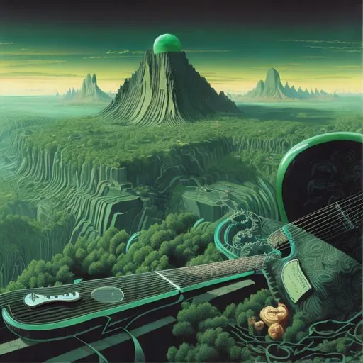 Prompt: giant obsidian inlaid with green jade cat playing guitar, in the style of Jacek Yerka, wide perspective view, infinity vanishing point