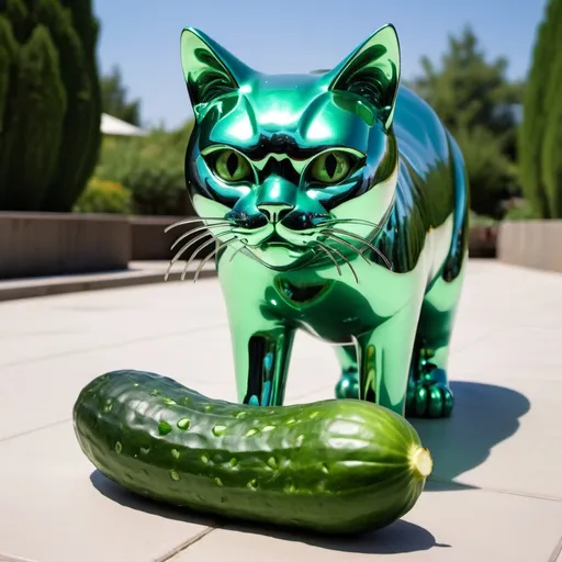 Prompt: giant green chrome statue of cat scared of a cucumber, infinity vanishing point