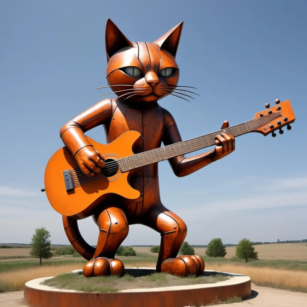 Prompt: giant rust streaked orange metal statue of a giant cat playing guitar, in the style of Jacek Yerka, widescreen view, infinity vanishing point