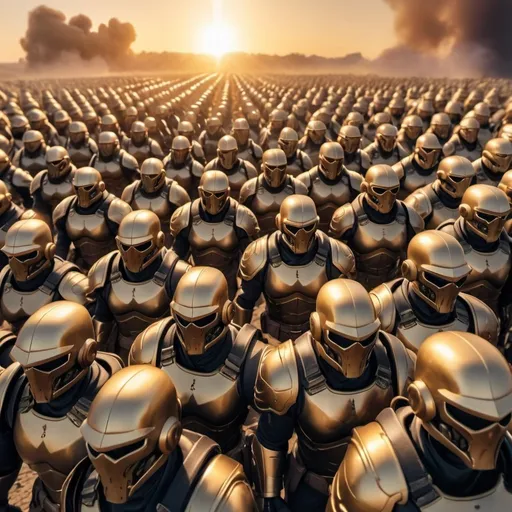 Prompt: Lawful Good army in the final battle with enemy Chaotic Evil army, apocalypse background, overhead golden hour lighting, extra wide angle field of view, infinity vanishing point