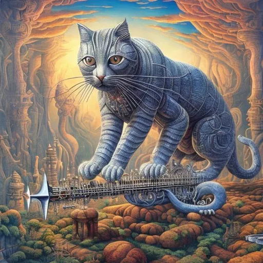 Prompt: giant silver cat playing a sitar, widescreen view, infinity vanishing point, in the style of Jacek Yerka