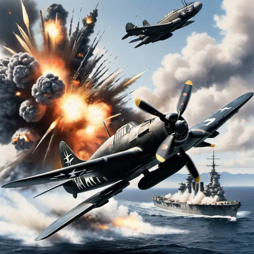 Prompt: Yokosuka MXY-7 Ohka with Kamikaze Cat pilot in the year 1945, surrounded by black flak explosions, flying past a surreal battleship ocean background, 25 degree offset, wide angle perspective, infinity vanishing point