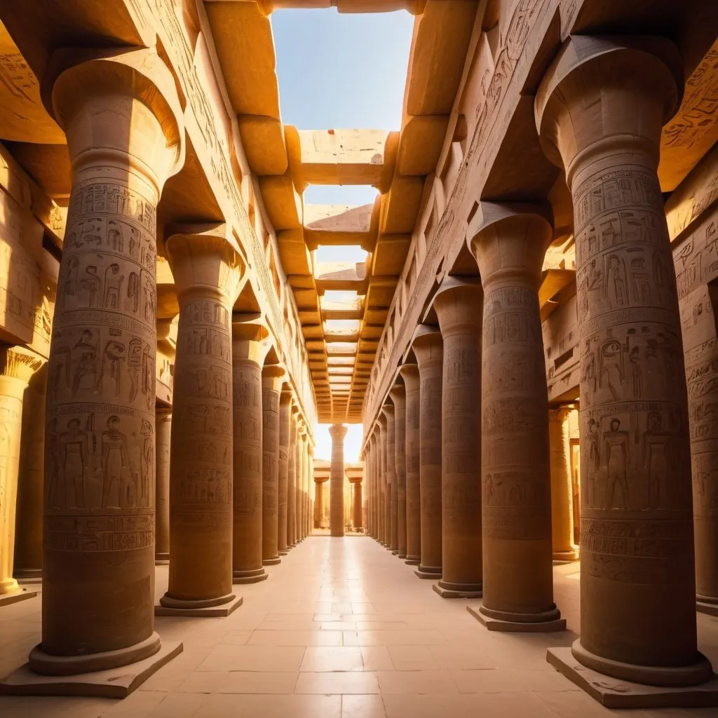 Prompt: Great Hypostyle Hall, overhead golden hour lighting, extra wide angle field of view, infinity vanishing point