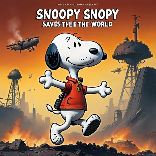 Prompt: Snoopy Saves The World, apocalyptic science-fiction, pulp style, book cover