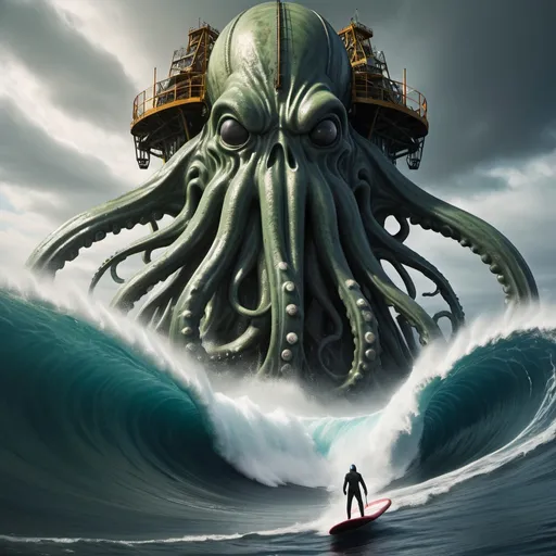 Prompt: cthulu surfing the largest giant tsunami wave, offshore drilling platform in foreground for scale, overhead lighting, wide angle view, infinity vanishing point