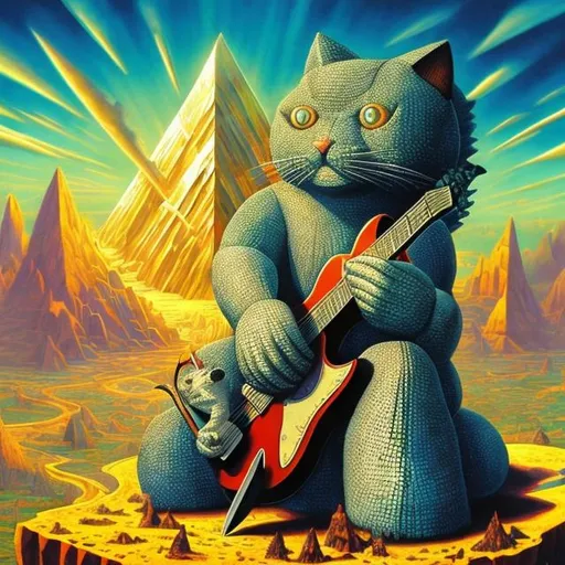 Prompt: giant diamond crystal statue of a giant cat playing guitar, in the style of Jacek Yerka, widescreen view, infinity vanishing point