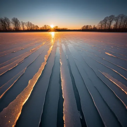Prompt: strange ice, overhead golden hour lighting, extra wide angle field of view, infinity vanishing point