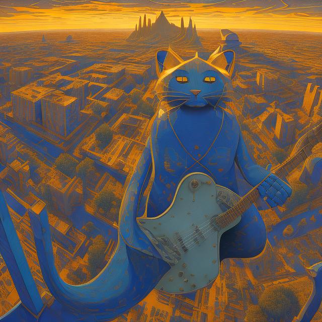 Prompt: ((((giant cat playing guitar) lapis lazuli statue inlaid with gold) in the style of Jacek Yerka) wide perspective view) infinity vanishing point