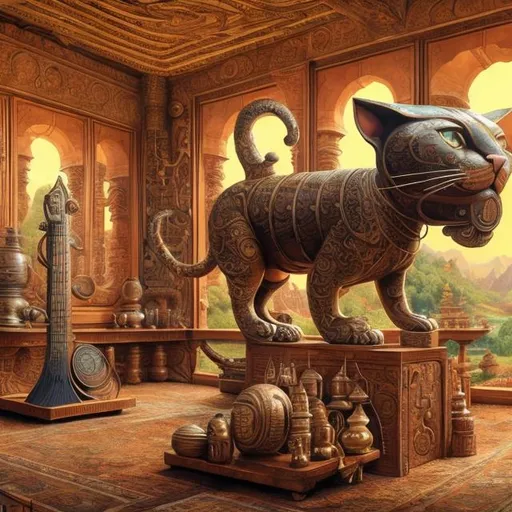 Prompt: panorama widescreen view of a giant bronze cat playing a sitar, infinity vanishing point, in the style of Jacek Yerka