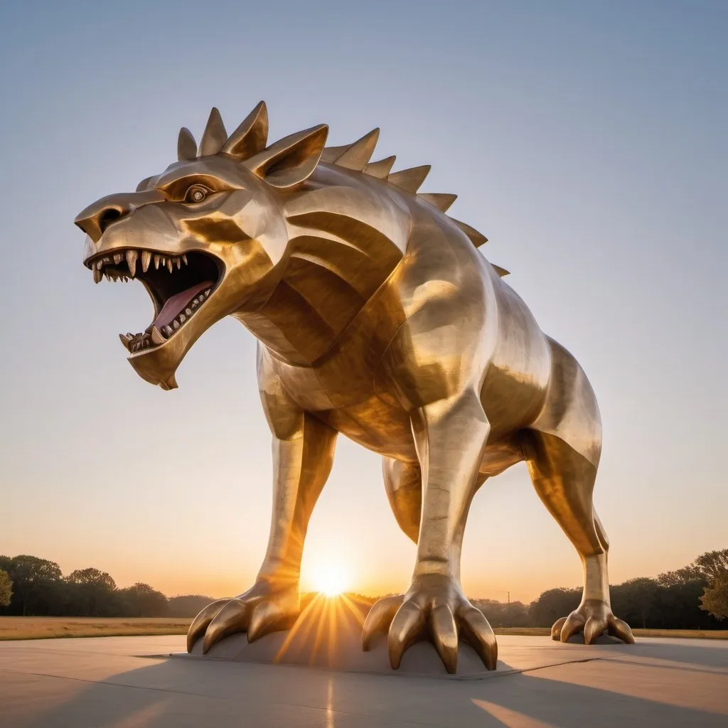 Prompt: giant strange animal statue, overhead golden hour lighting, extra wide angle field of view, infinity vanishing point