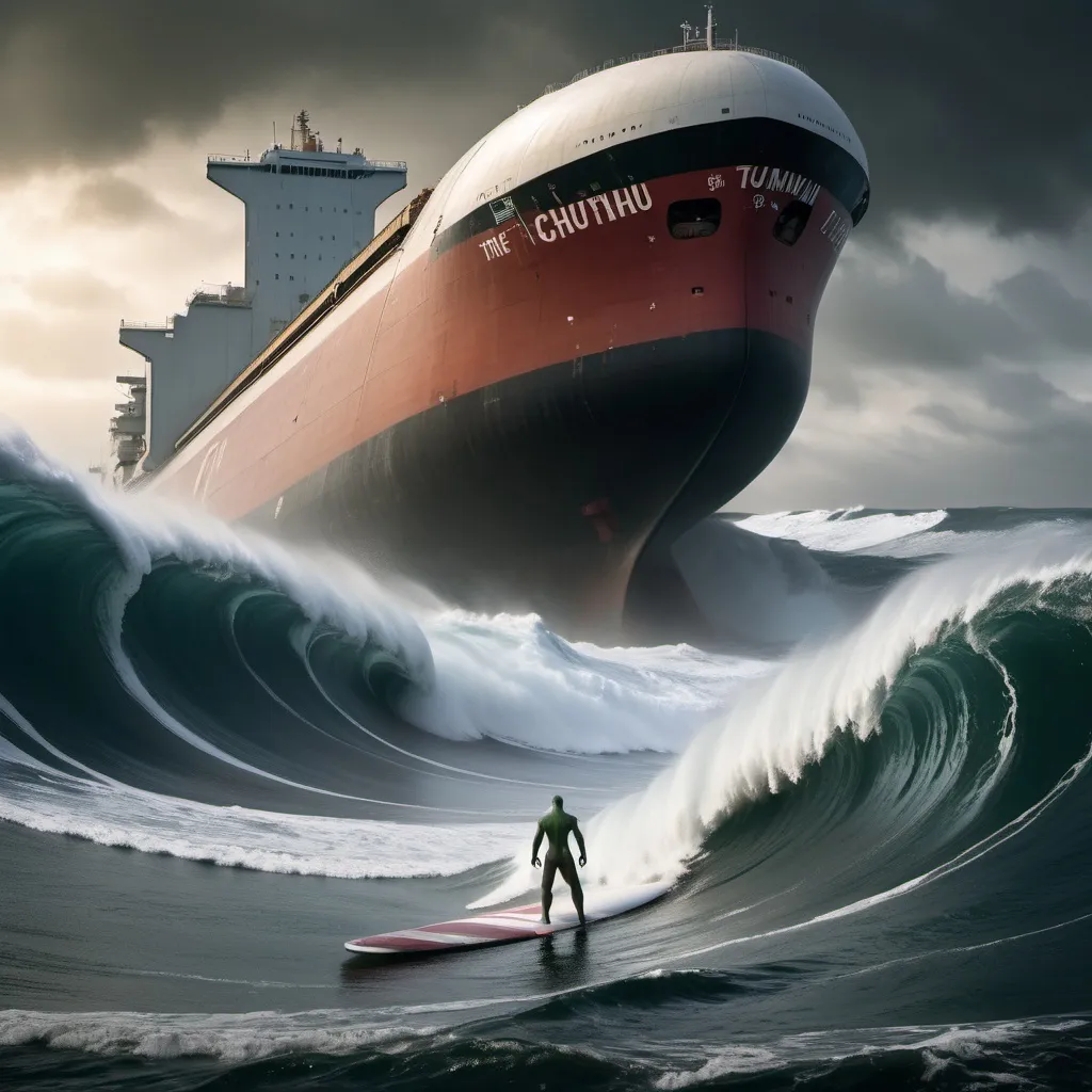 Prompt: cthulu surfing the largest giant tsunami wave, supertanker in foreground for scale, overhead lighting, wide angle view, infinity vanishing point