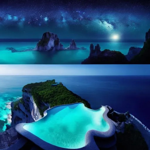 Prompt: panorama view of crystal filled ocean from cliffside infinity pool, cthulhu night background