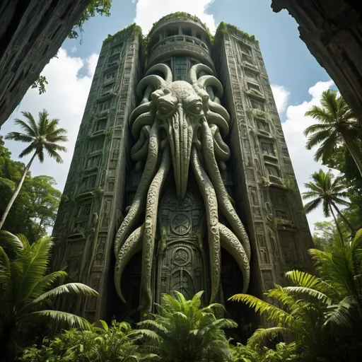 Prompt: in the Belize jungle, a giant ancient intricately detailed bas relief covered megaskyscraper arcology of cthulhu, overhead lighting shadows, wide angle view, 25 degree offset infinity vanishing point